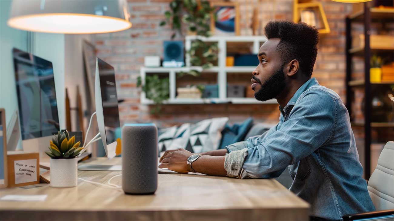 a person running a voice search through their voice assistant speaker