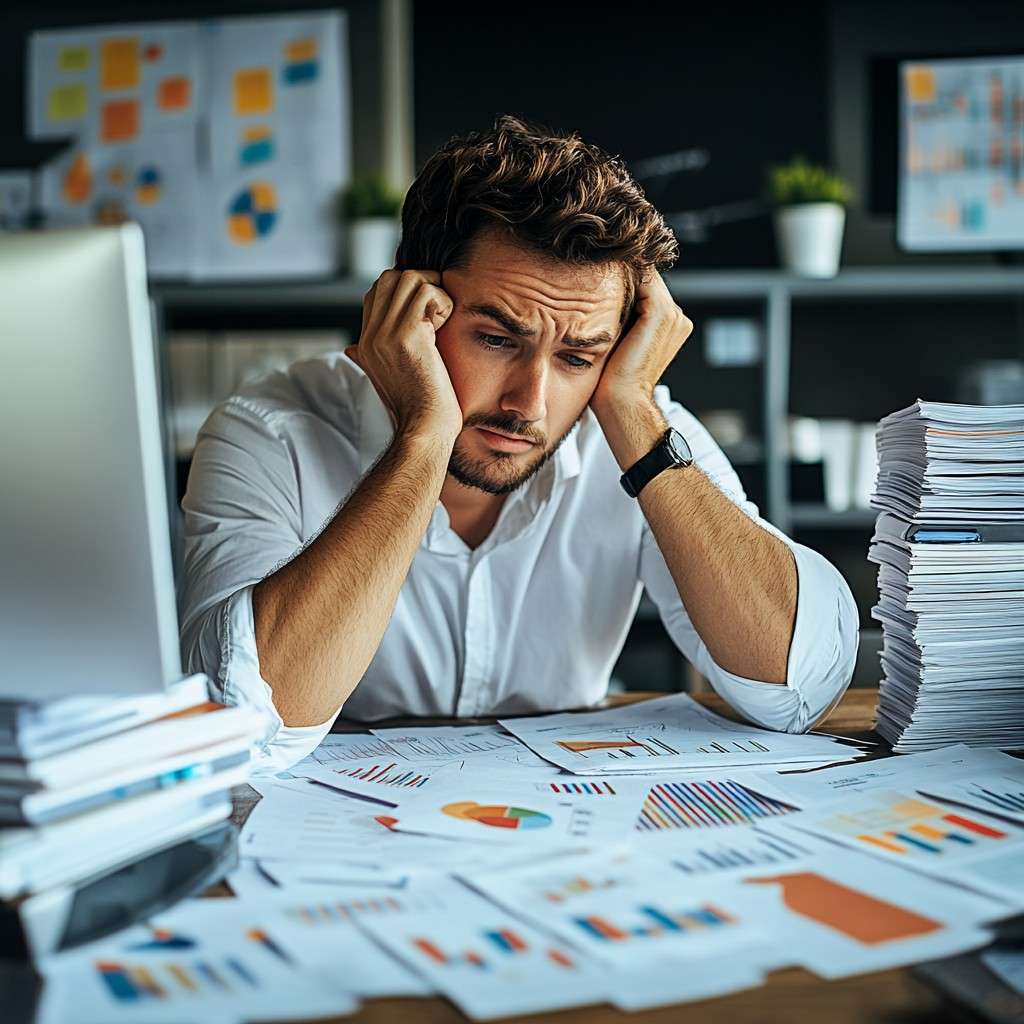 A business owner sitting at a desk, looking frustrated, surrounded by digital marketing reports.