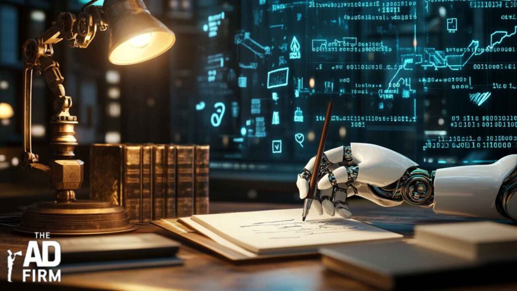 Generative AI robot drafting content strategies with a robotic arm in a vintage workspace.