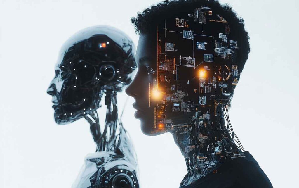 Human and robot collaboration visualized through Generative AI content strategies.