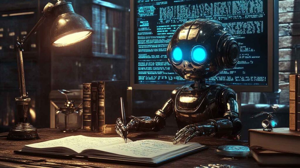 Advanced Generative AI robot creating content with glowing eyes and digital tools.