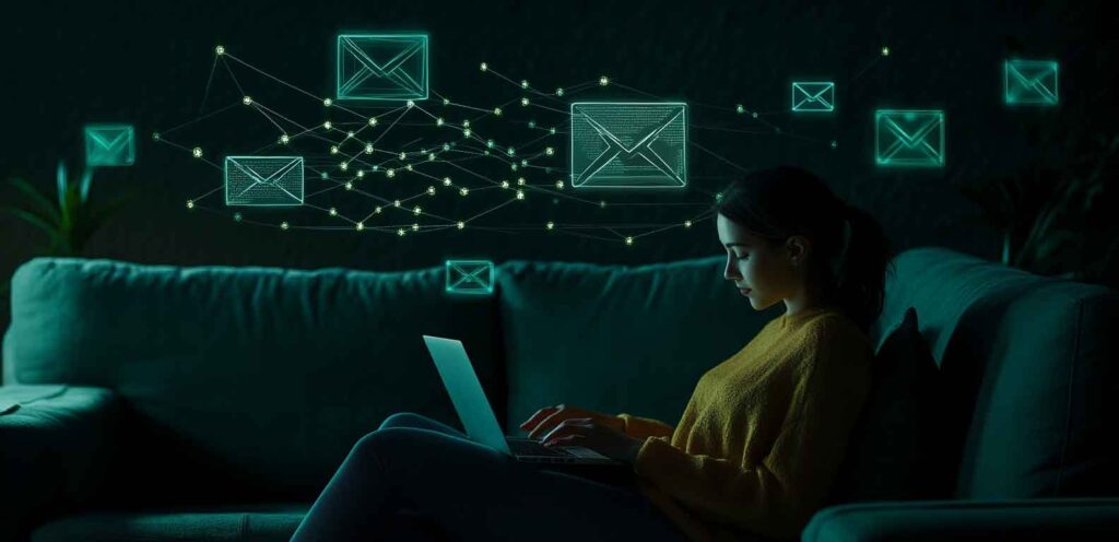 A woman working on her laptop in a dimly lit room, with email graphics floating around, illustrating the power of email marketing copywriting.