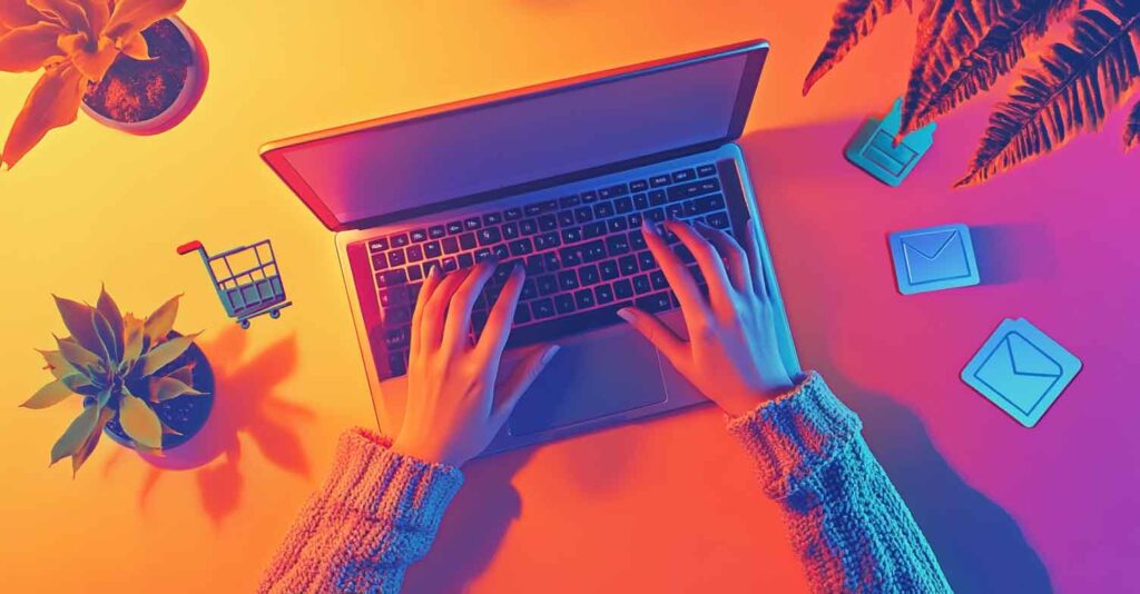 A colorful digital marketing concept featuring email marketing copywriting elements with a laptop and online business symbols.
