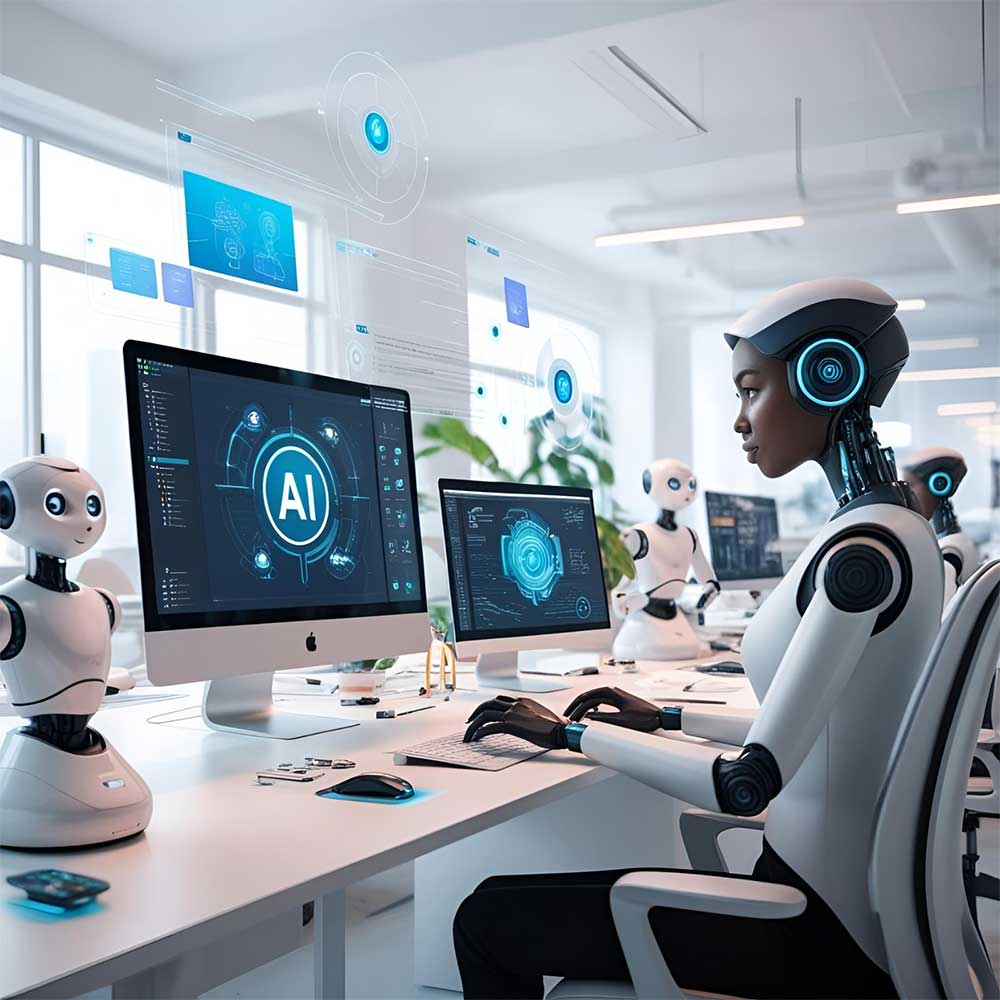 uturistic AI-powered workspace with humanoid robots and a professional working on mastering AI tools. 
