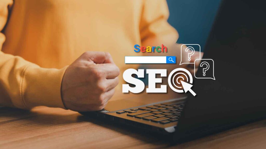 User in a yellow sweatshirt reacting to SEO results on a laptop, underscoring Commonly Neglected SEO Mistakes that can undermine success.