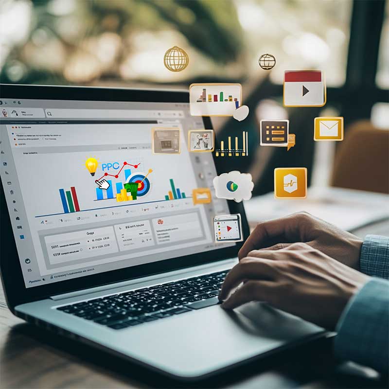 Digital marketer analyzing PPC ads data for optimizing paid search campaigns. 