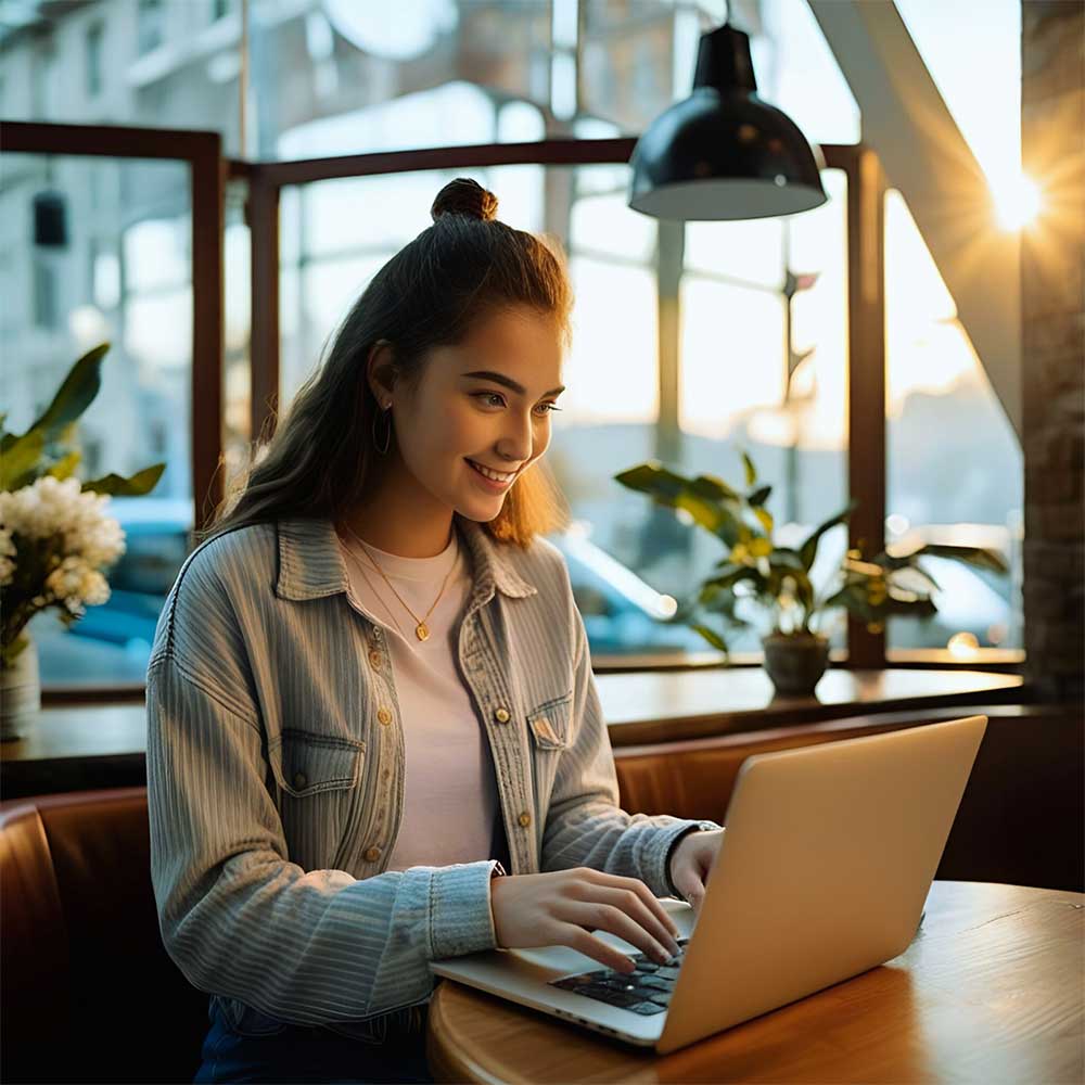 A digital marketing professional mastering AI tools while enjoying a productive work session at a coffee shop.