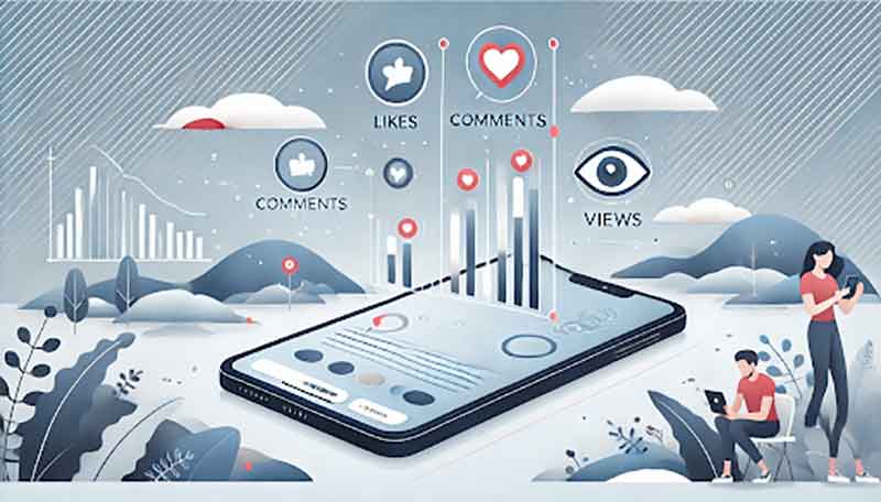 Mobile screen with rising likes, comments, and views highlights the impact of engagement metrics on video SEO for YouTube Shorts & vertical content in 2025.