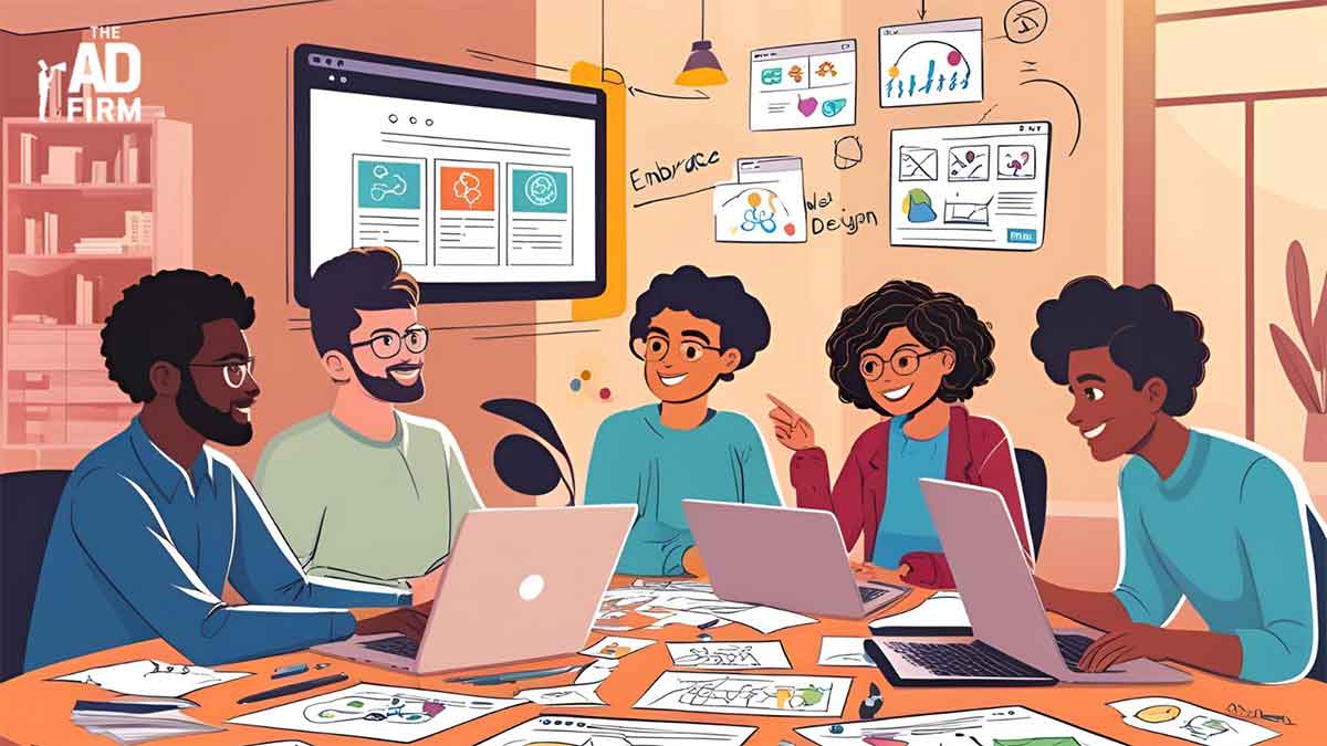Diverse UX team collaborating on neurodiversity-friendly web design.