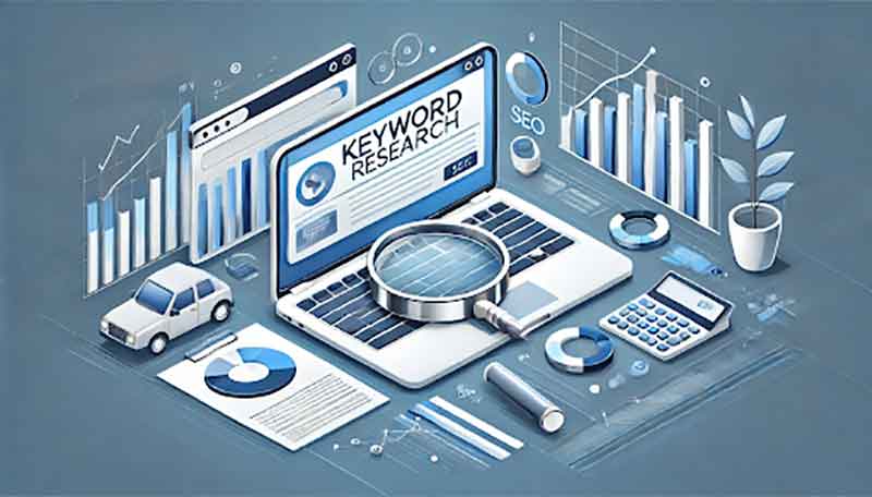 A digital illustration of keyword research tools, charts, & SEO data on a laptop, emphasizing the strategic role of keywords in video SEO & Shorts content.