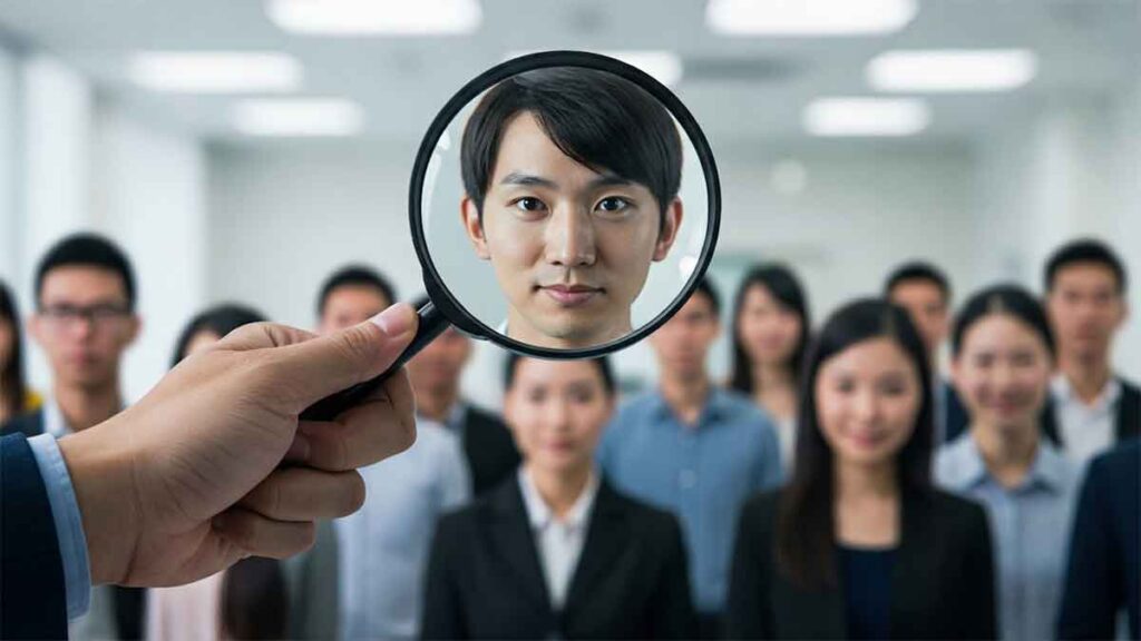 Person singled out with a magnifier, suggesting tailored experiences for neurodiverse users. 