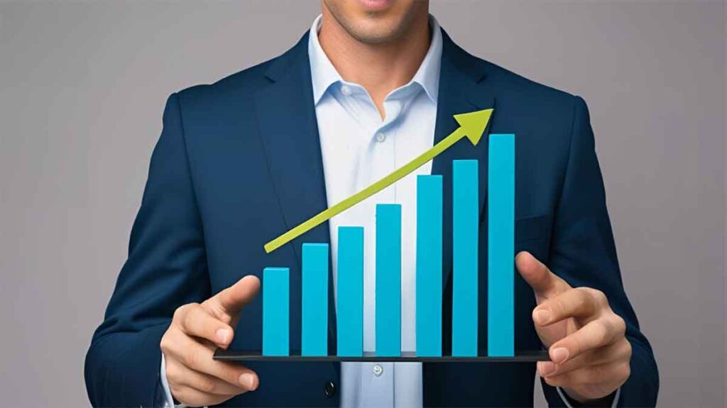 Corporate presentation of positive financial growth with rising bar graph and green arrow. 