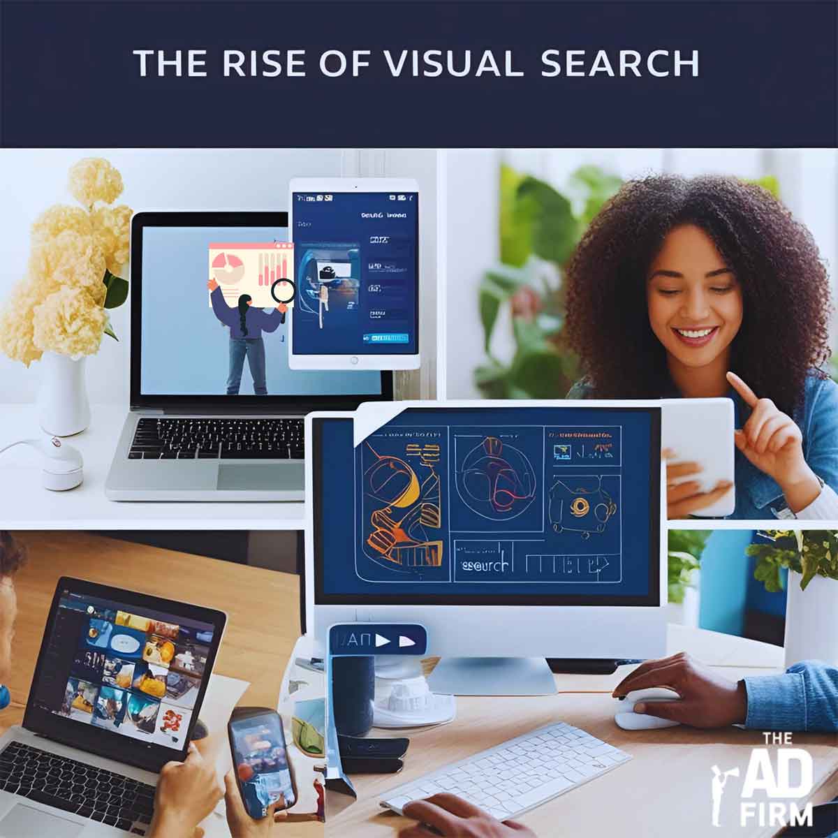 People using tablets and computers, demonstrating the rise of visual search in AI-driven search technology.