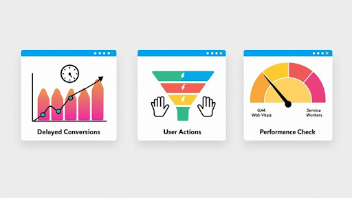 Graphic showing key PWA analytics: tracking delayed conversions, monitoring user actions, and checking speed performance with tools like GA4 and Web Vitals. 
