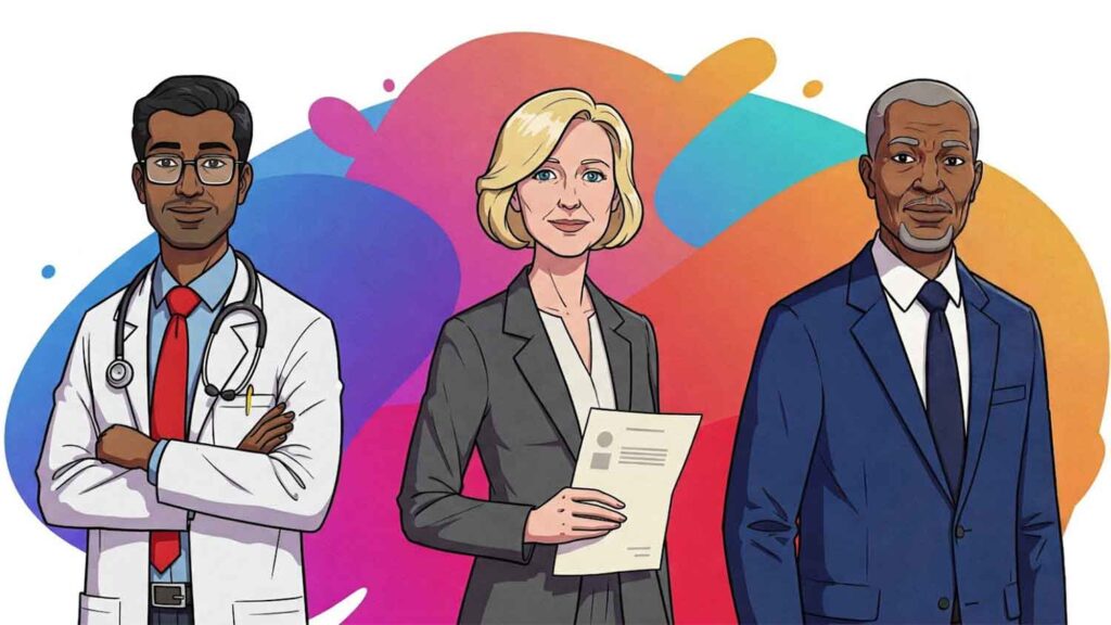 Illustration of diverse professionals, symbolizing the importance of showcasing real author credentials to build trust online.