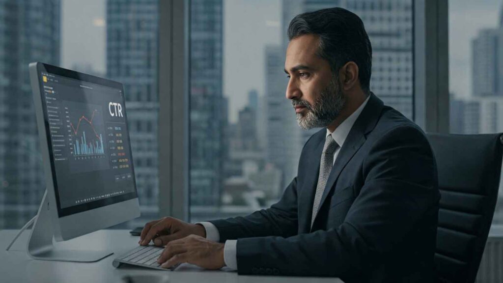 Business professional analyzing CTR (click-through rate) performance data on a desktop screen in an office.