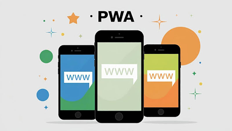 Illustration of PWAs on mobile devices, highlighting cross-platform compatibility, web accessibility, and app-like performance across all screen sizes.