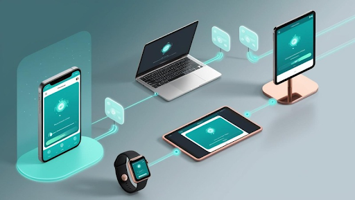 Illustration of a PWA delivering a unified experience across devices—smartphone, tablet, laptop, and smartwatch—showcasing seamless multi-device continuity.