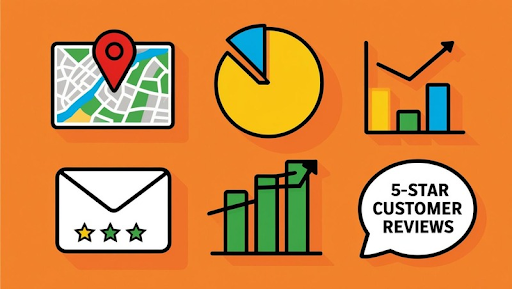 Visual representation of local SEO elements including maps, reviews, and performance charts, emphasising data-driven growth and community engagement.