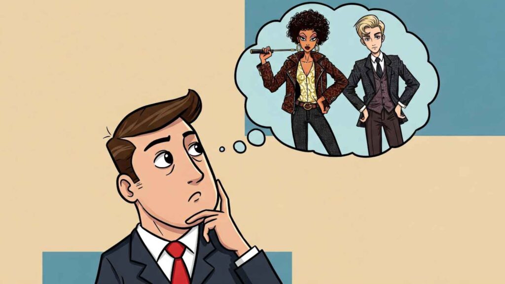 Cartoon businessman imagining two fashion personas, symbolizing the need to tailor ad messaging to audience interests. 