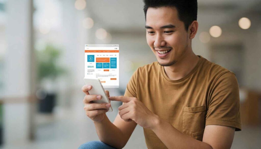 Young man enjoying a smooth user experience thanks to a distraction-free, minimalist website interface. 