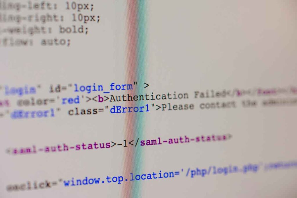HTML error message code displaying “Authentication Failed”—a reminder of how critical debugging and clean script execution are in digital implementations.