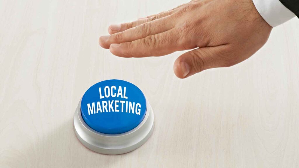 Blue button with local marketing text on it.