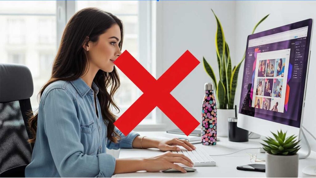 Marketer reviewing social media content with a large red X over the screen, symbolizing ineffective repurposing tactics. 