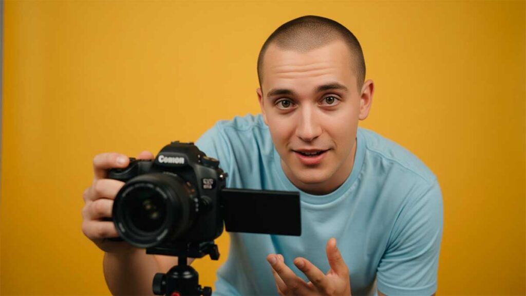 Content creator filming a short-form video, turning blog content into engaging camera-ready material. 