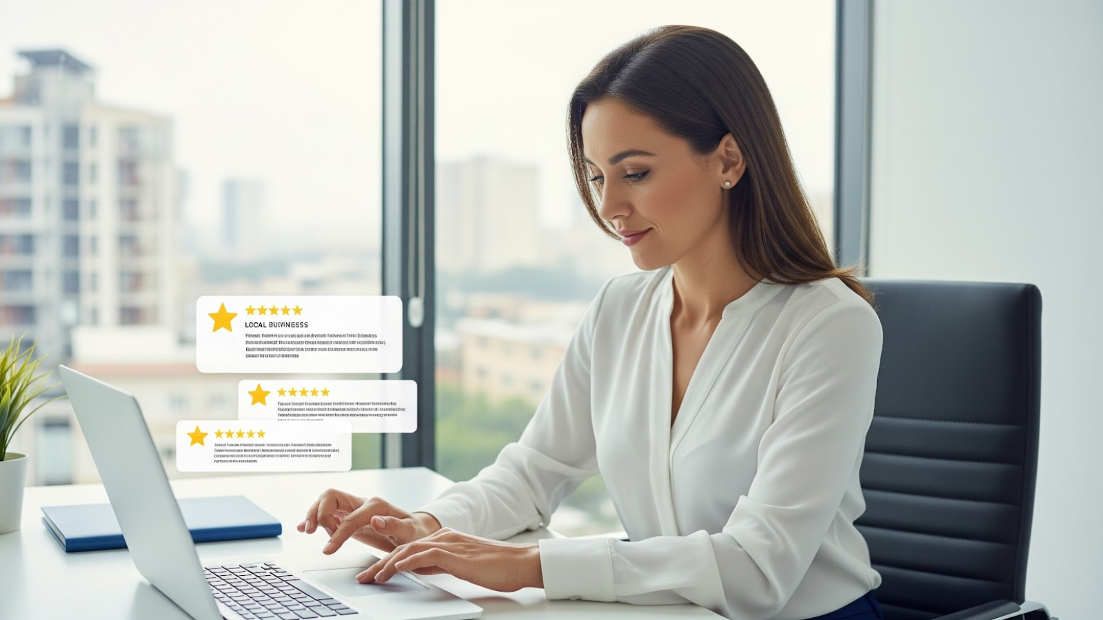 A business professional reviews and responds to online customer reviews