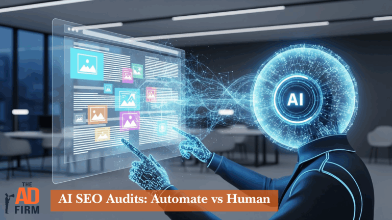 A futuristic AI robot analyzing website content through a digital interface, representing the role of automation in AI-powered SEO audits.