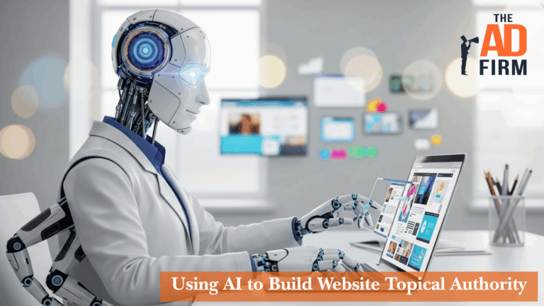 A humanoid robot dressed in business attire typing on a laptop, analyzing website content layouts, representing AI assisting in growing topical authority through automated SEO insights.
