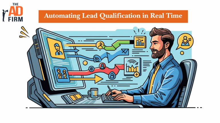 Illustration of a marketer using AI-powered software to automate lead qualification, visualizing real-time decision paths based on visitor behavior.