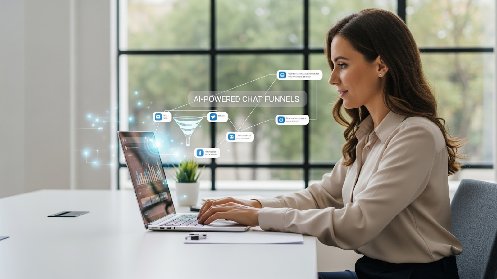 Businesswoman using a laptop with AI chat funnel elements on-screen, showing how intelligent automation guides real-time lead sorting. 