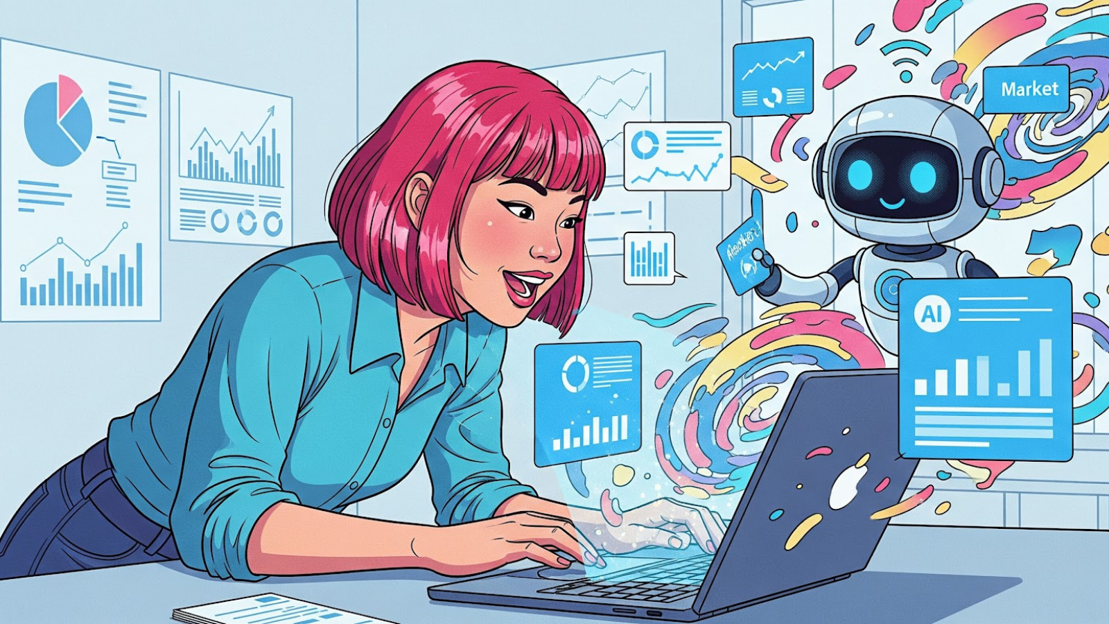 Illustration of a woman enthusiastically working with an AI-powered robot to analyze local SEO data visualizations and marketing trends. 2.35 MB View full-size Download