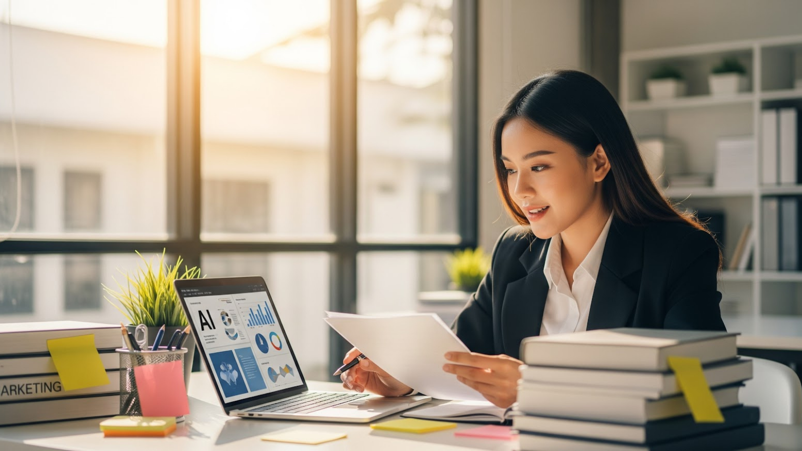 A smiling marketer analyzes printed charts with AI overview data on her laptop, surrounded by office supplies.