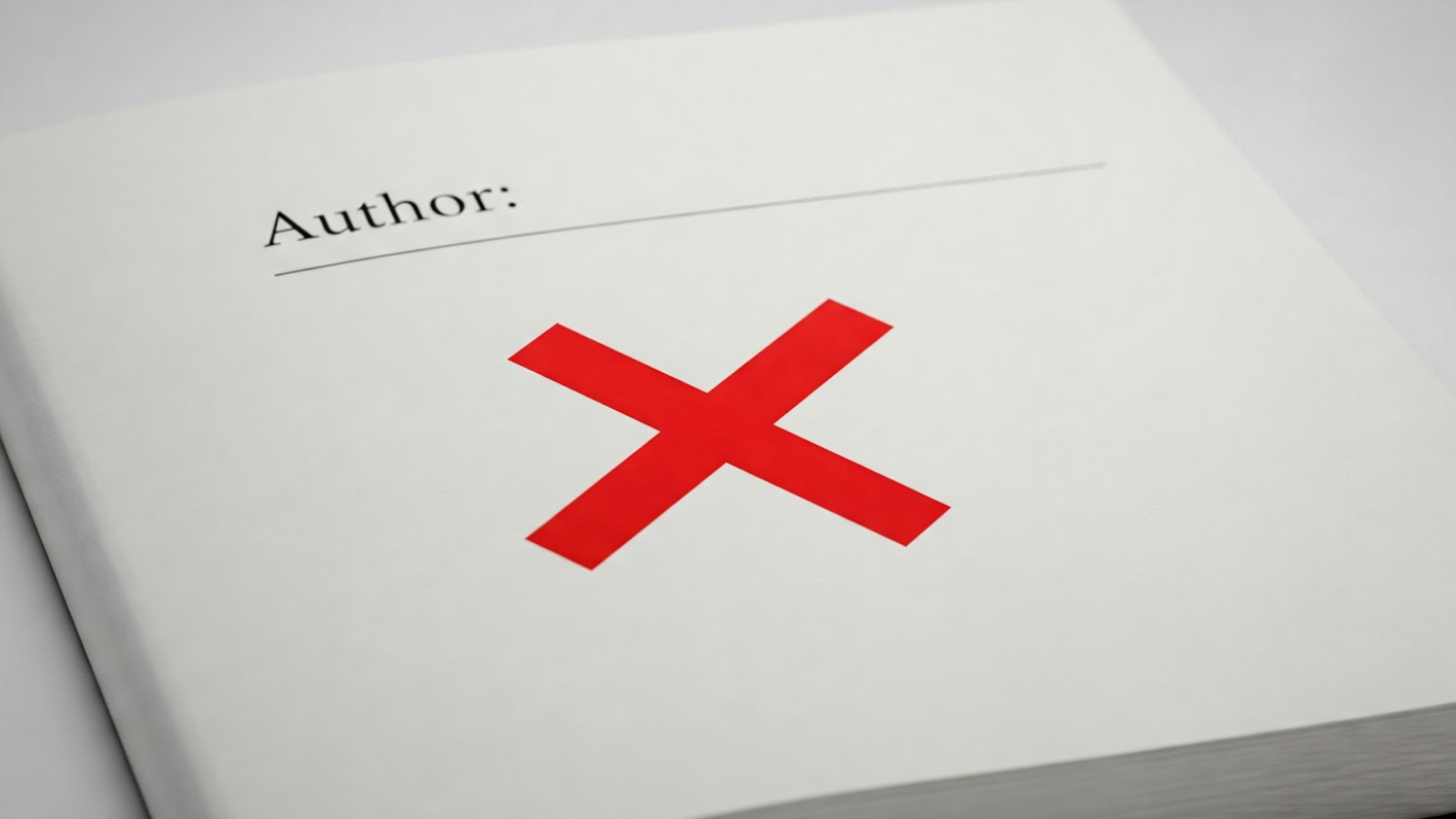 A close-up of a printed page labeled "Author:" with a large red X, symbolizing missing or incorrect author attribution; a common E-E-A-T credibility mistake.