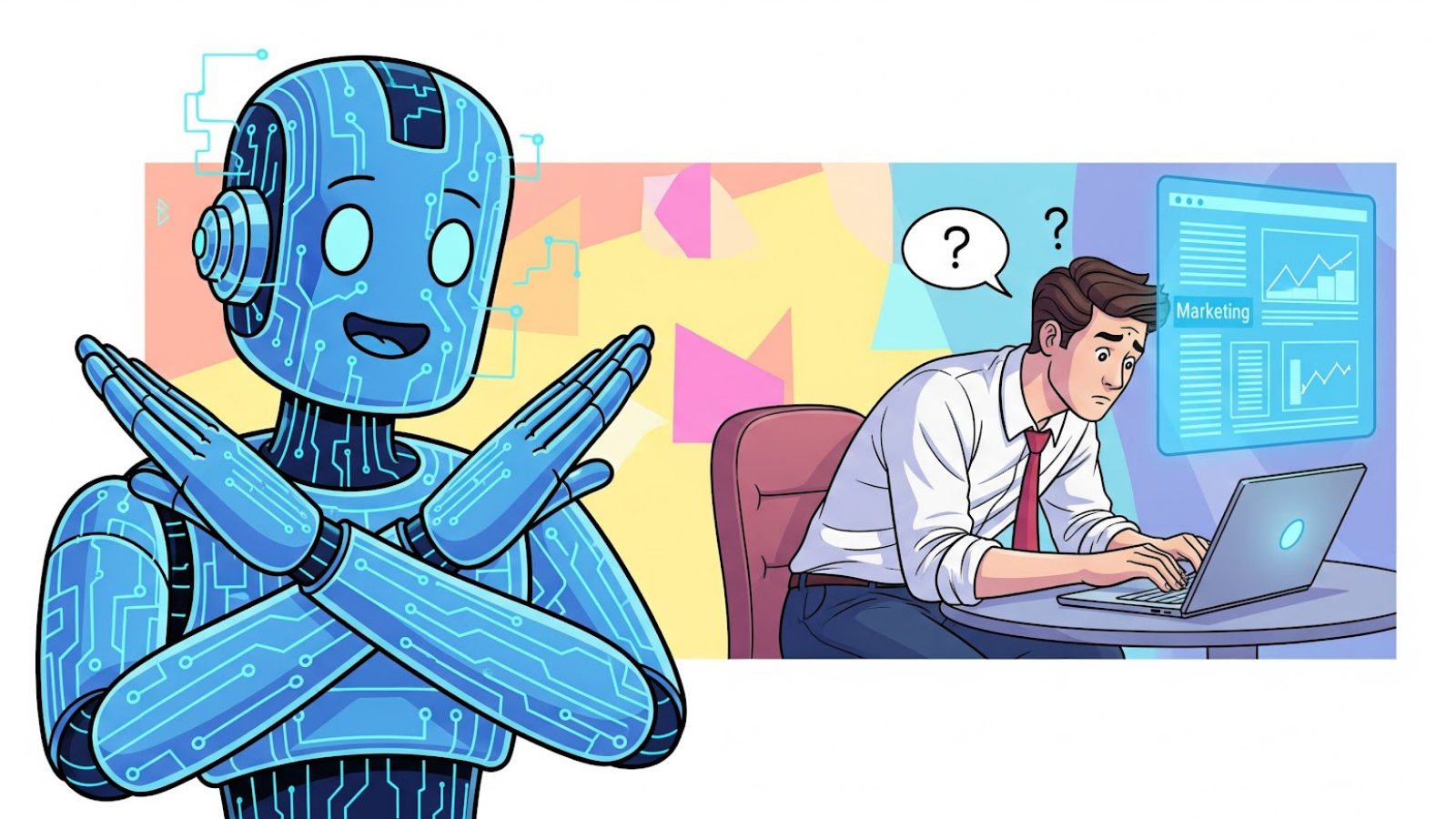 Cartoon of an AI robot signaling caution beside a confused marketer at a laptop, highlighting common pitfalls in AI-driven marketing. 