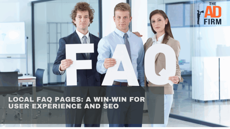 Three professionals standing together holding large FAQ letters