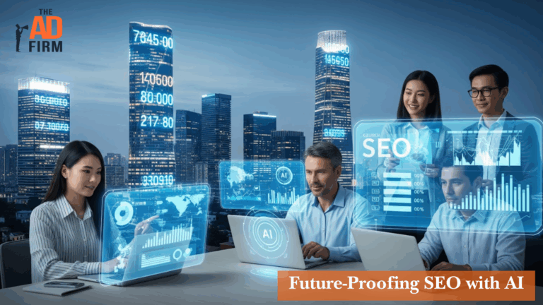 Marketing team analyzing AI-driven SEO data on laptops with futuristic holographic dashboards in front of a city skyline.