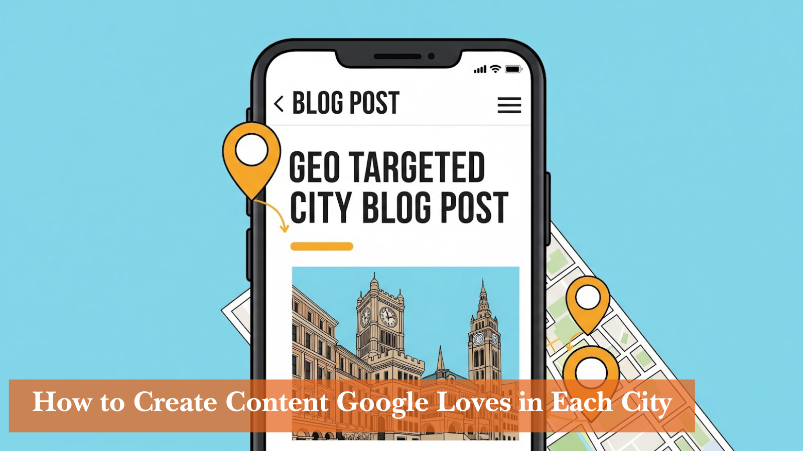 Illustration of a smartphone displaying a blog titled "Geo Targeted City Blog Post" with location pins and city landmarks in the background, representing local SEO content creation.