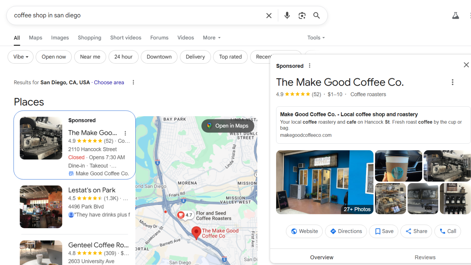 Google search results for coffee shops in San Diego