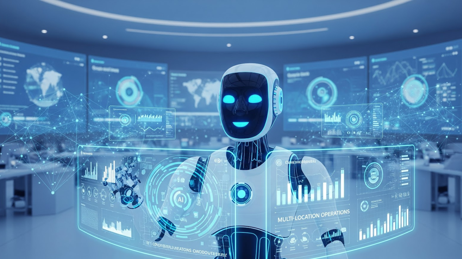 A white humanoid AI robot displaying interactive data screens for multi-location operations and automated business management.