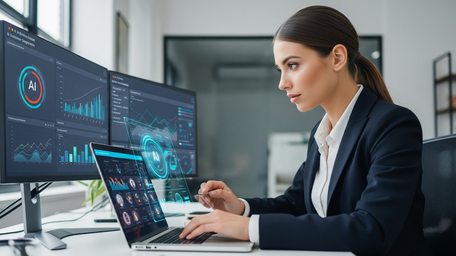 Professional analyzing AI dashboard displaying segmentation metrics and customer data on multiple monitors.