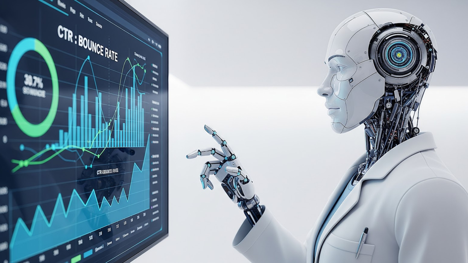 A white AI robot in a lab coat points to a large transparent screen displaying user behavior data, including CTR and bounce rate analytics.