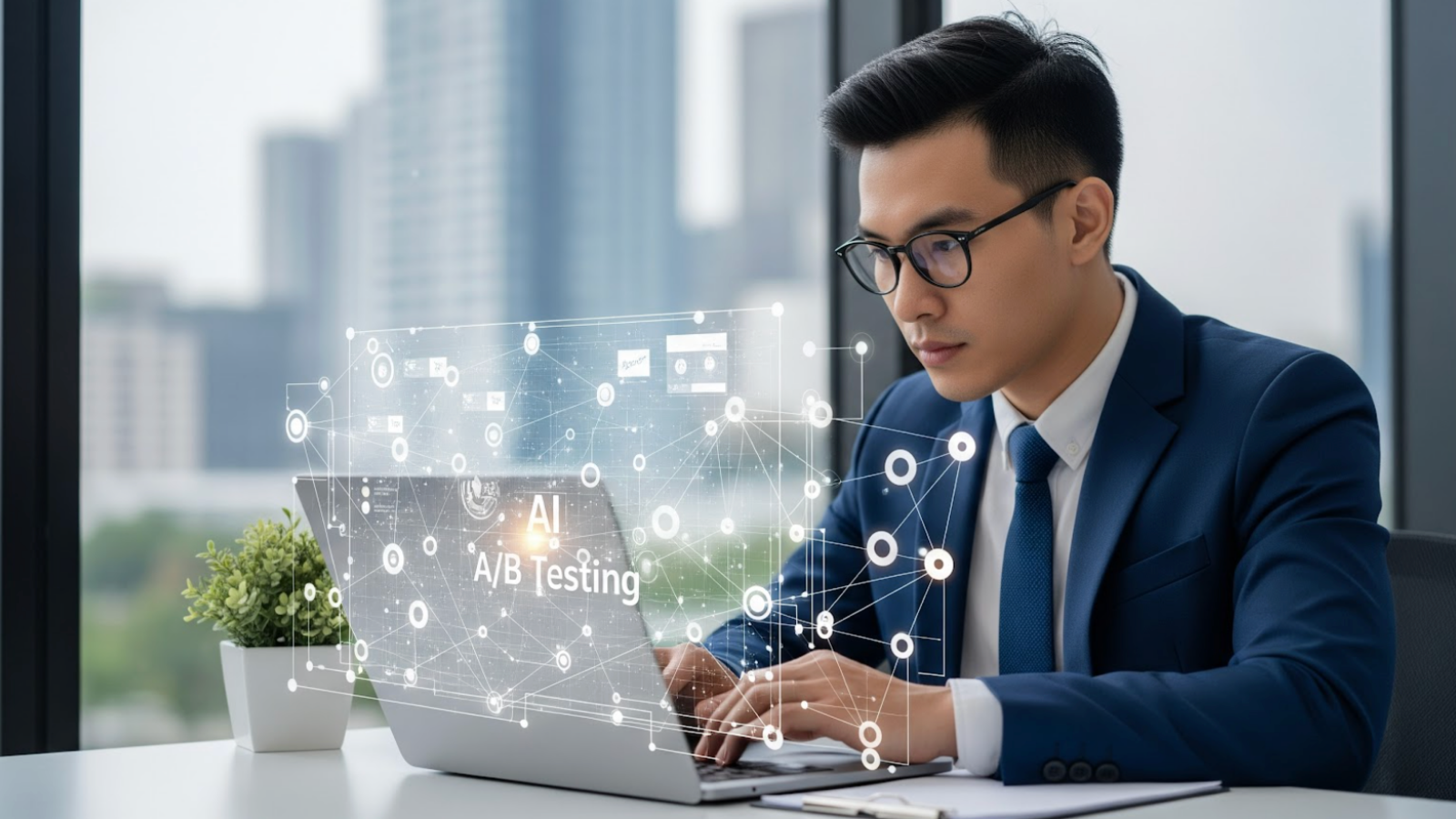 Businessman analyzing PPC performance data on a laptop with AI-powered A/B testing interface in a modern office setting.