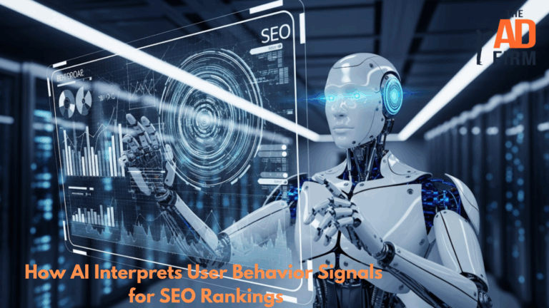 Futuristic robot in a data center analyzing digital screens with SEO charts and graphs, symbolizing AI interpreting user behavior signals to influence SEO rankings.