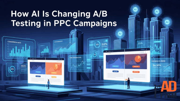 Digital illustration of AI transforming A/B testing in PPC campaigns with futuristic dashboards, conversion rates, and performance metrics.