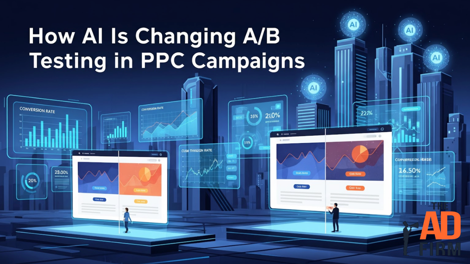 Digital illustration of AI transforming A/B testing in PPC campaigns with futuristic dashboards, conversion rates, and performance metrics.