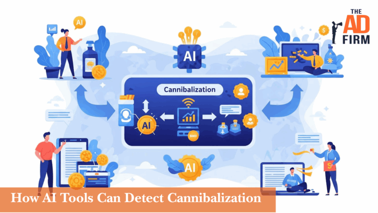 Illustration of AI systems analyzing keyword cannibalization, showing interconnected charts, user profiles, and optimization tools with people working on laptops and analytics screens.